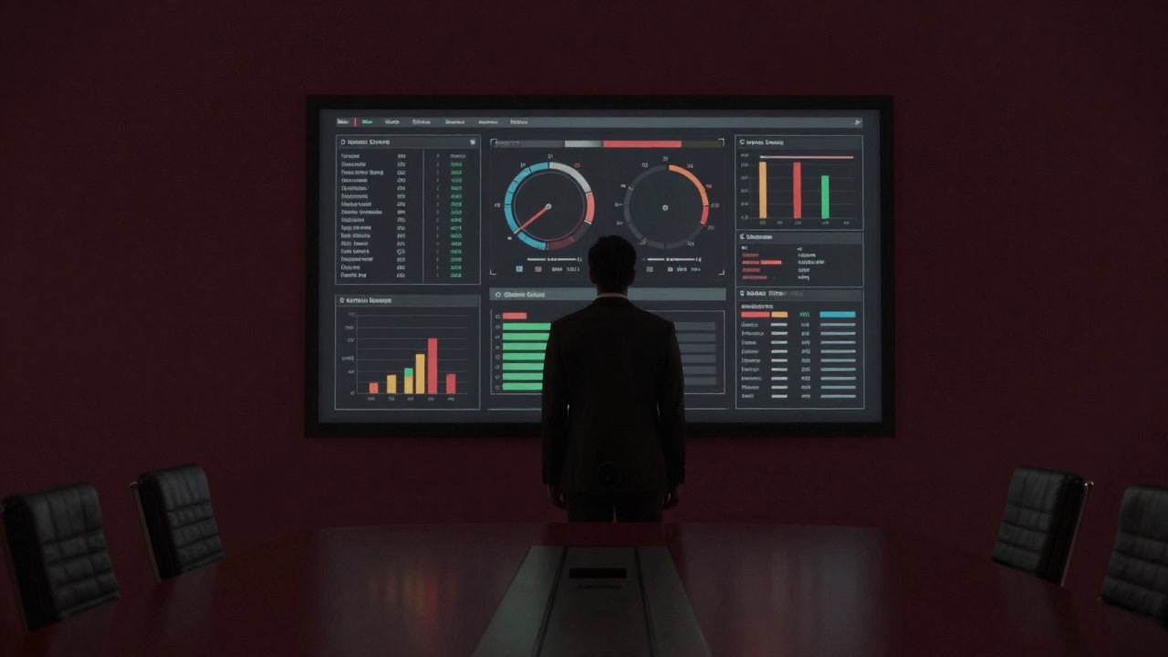 Silhouette of a business person staring blankly at a large screen in a dark conference room displaying colorful dancing graphs