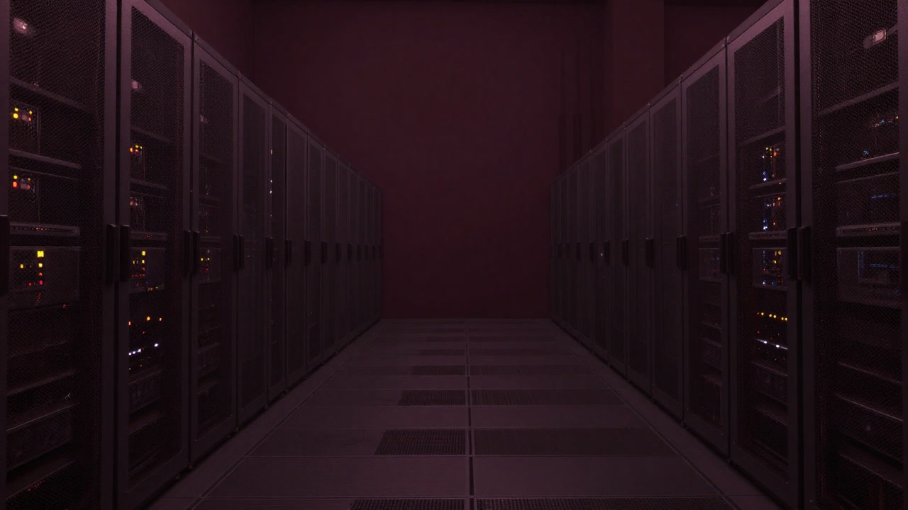 巨大な冷却塔と無数のサーバーラックが並ぶ暗いデータセンターの風景