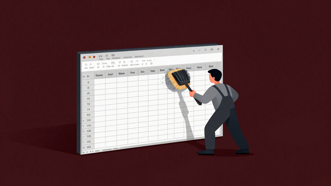 Anthropomorphic data character scrubbing a dusty Excel sheet with a brush