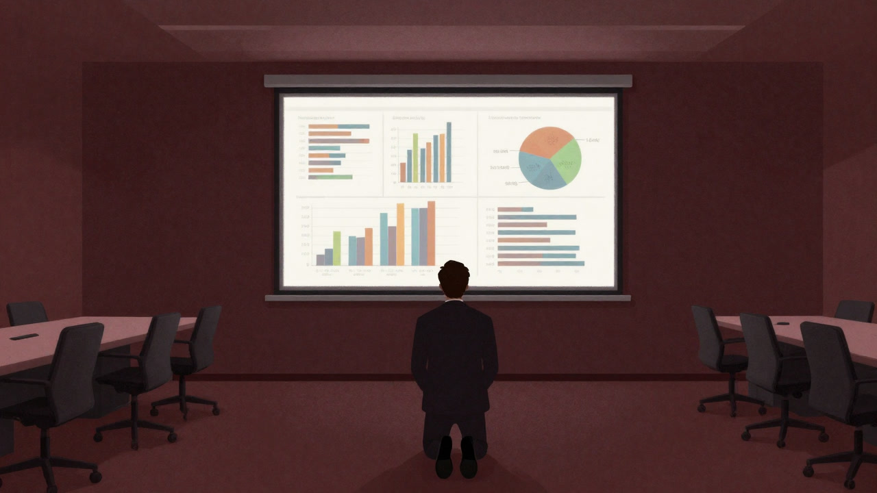 Illustration of a businessman kneeling before a projector screen showing graphs in a conference room.