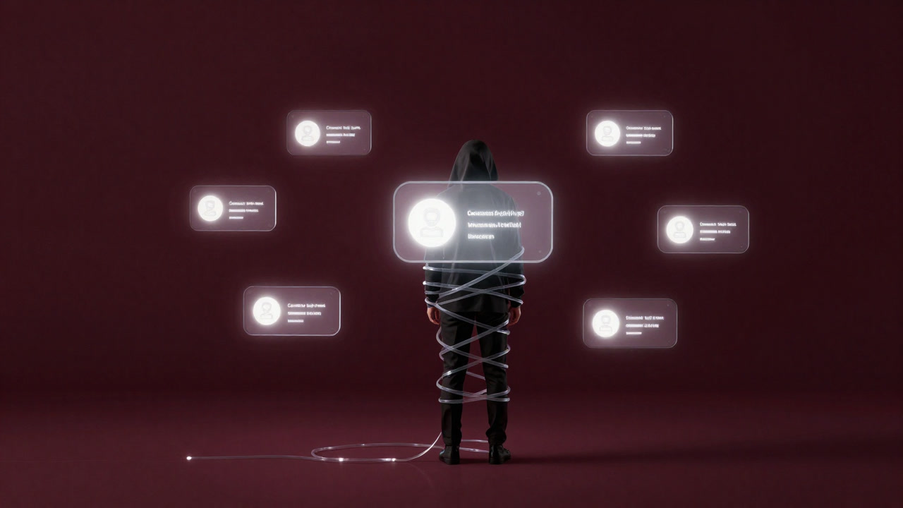 無数のセンサーと同意ボタンに囲まれた個人が、気づかぬままデータの網に絡め取られるイメージ