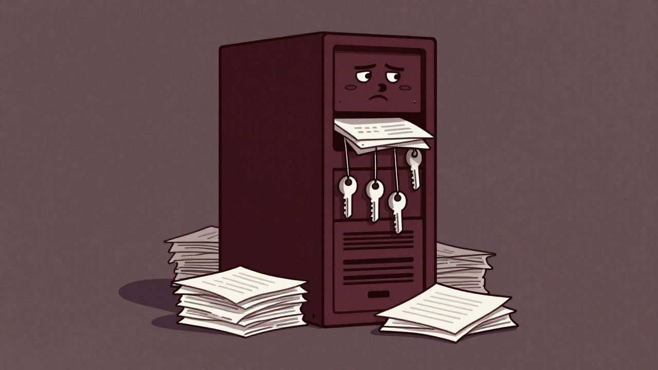 Illustration of a file server buried under piles of documents and keychains, looking tormented.