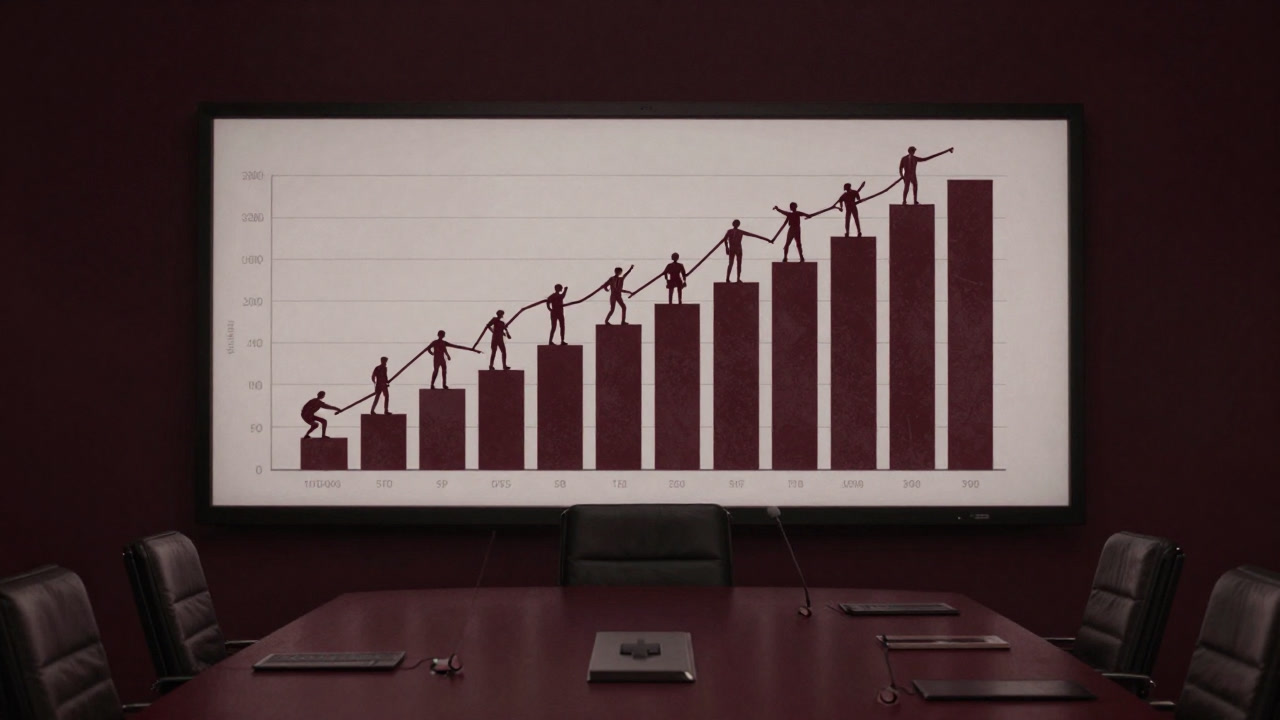A dramatic sales graph presented as a theatrical story on a giant conference room screen