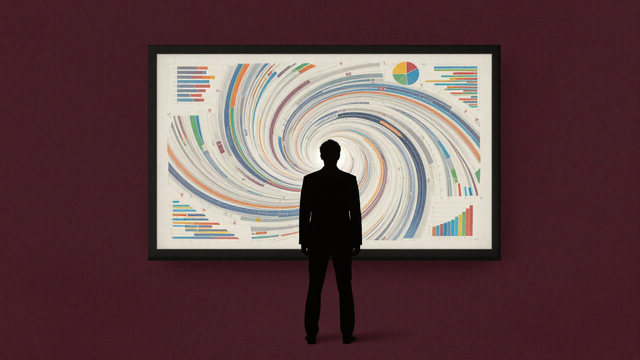 Silhouette of a businessperson standing bewildered before a screen swirling with colorful charts
