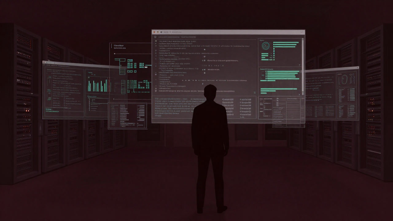 Silhouette of an analyst standing in a dark server room with countless floating tables and views