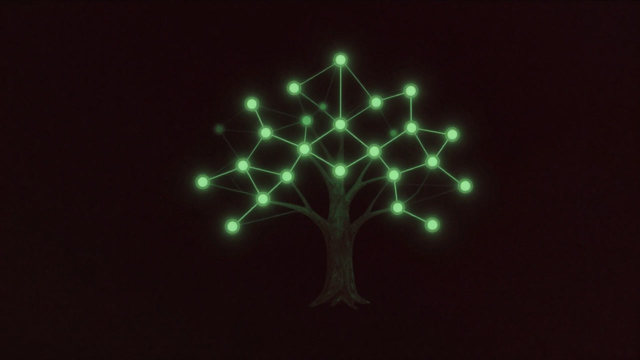 An ominous visualization of a tree-like schema structure glowing in darkness