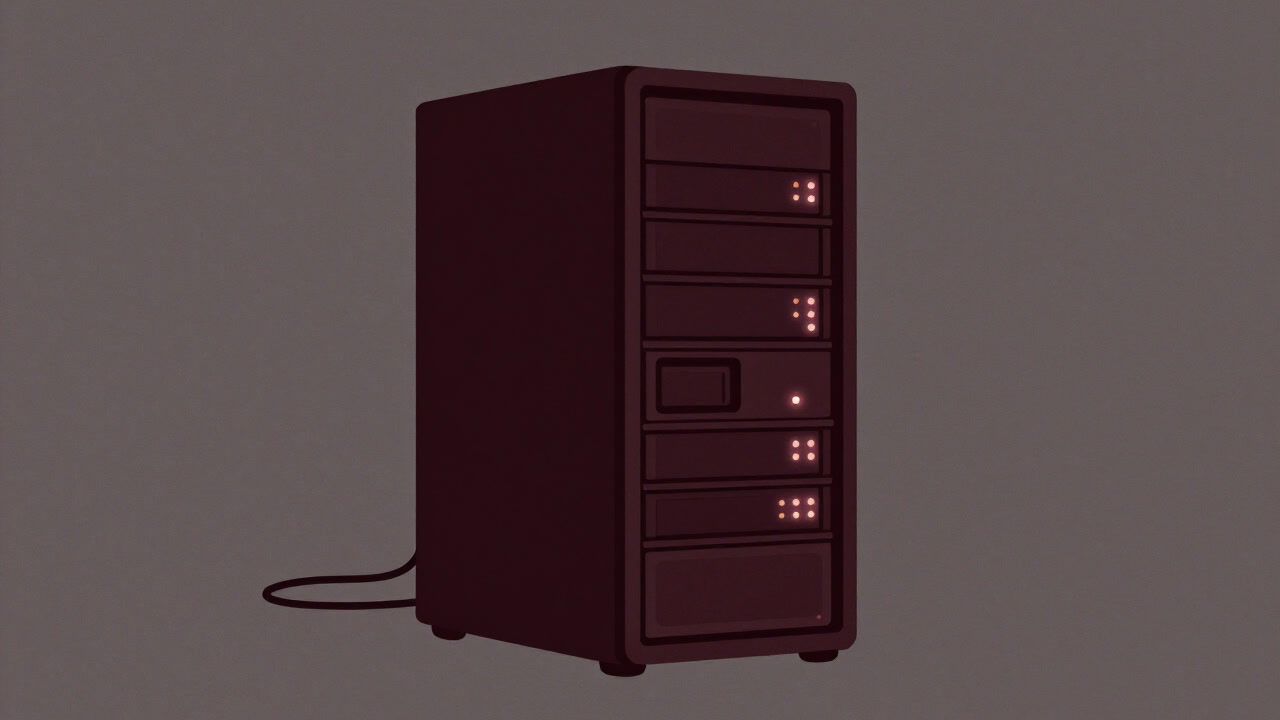 An expressionless database server buried in cables, staring intently at blinking lights.