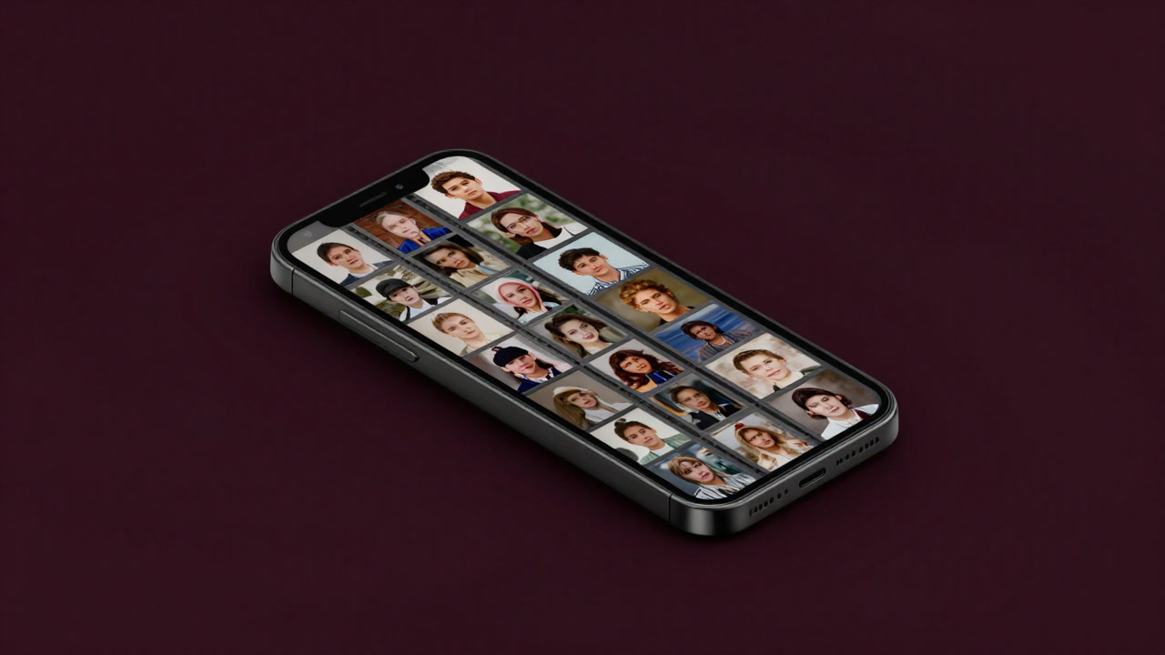 スマートフォンの画面に大量の顔写真がコンベアベルトのように並ぶ様子