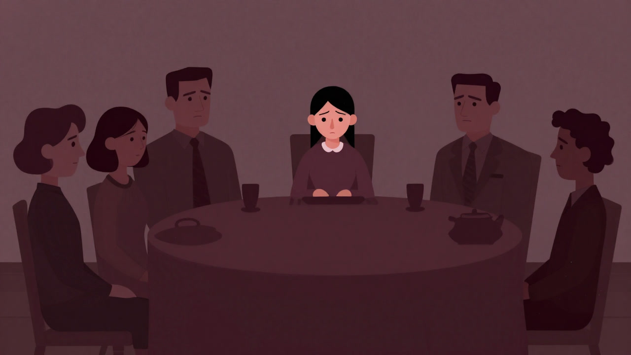 豪華な食卓で義娘が家族の視線を一身に受けて緊張している様子