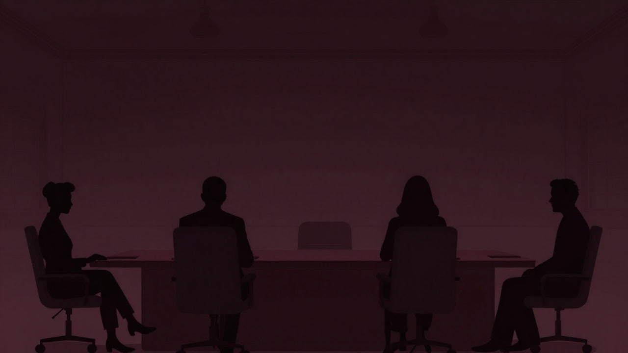 Silhouettes of diplomats facing each other silently across a long table