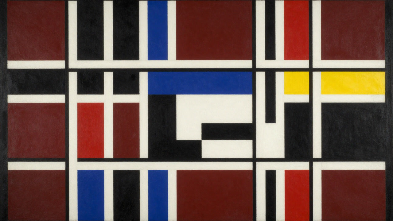 黒と白の格子と三原色の四角が散りばめられた、抽象的な幾何学模様の壁画