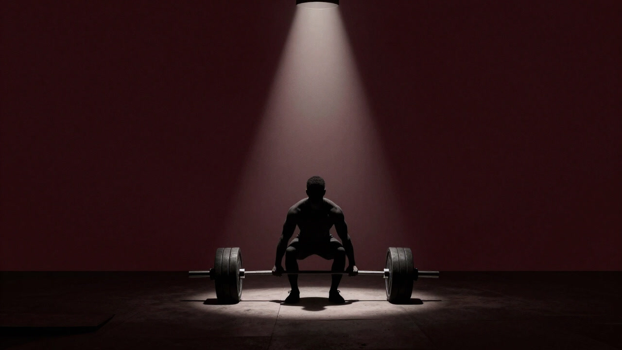 バーベルを床から持ち上げる瞬間、苦悶の表情を浮かべる人物のシルエット