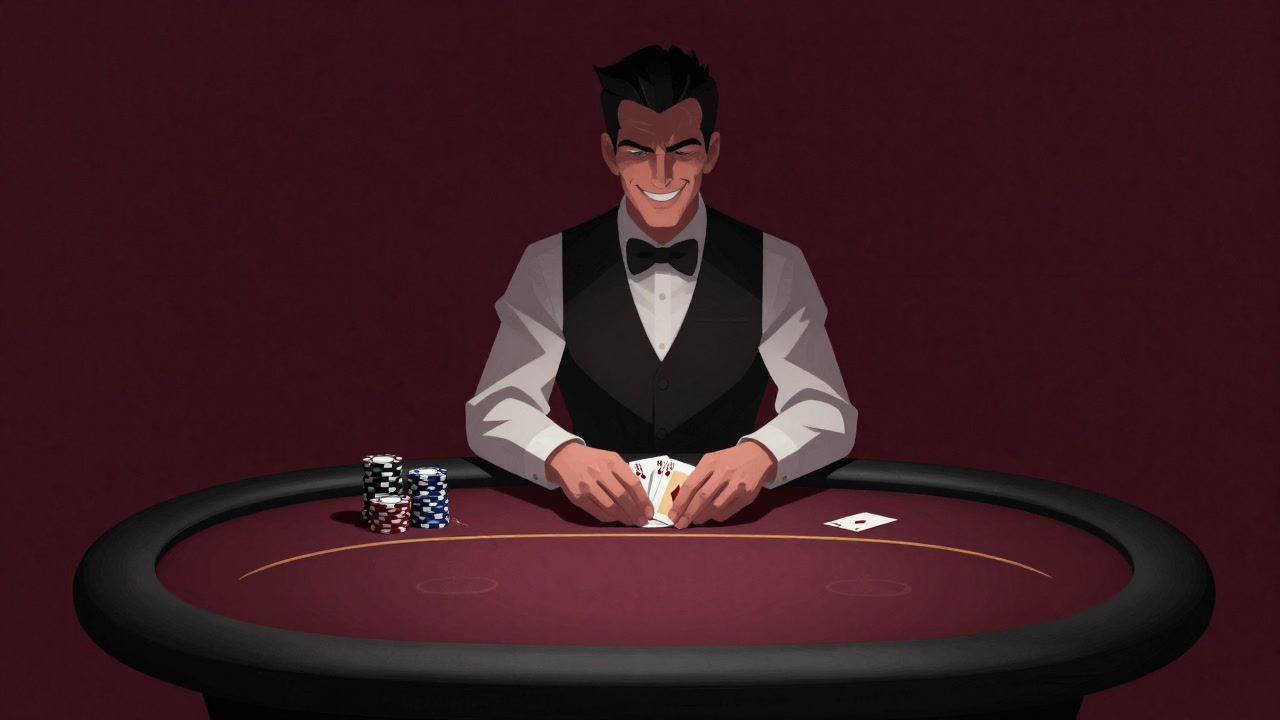 In a dimly lit casino table, a dealer with a cool smile silently deals cards.
