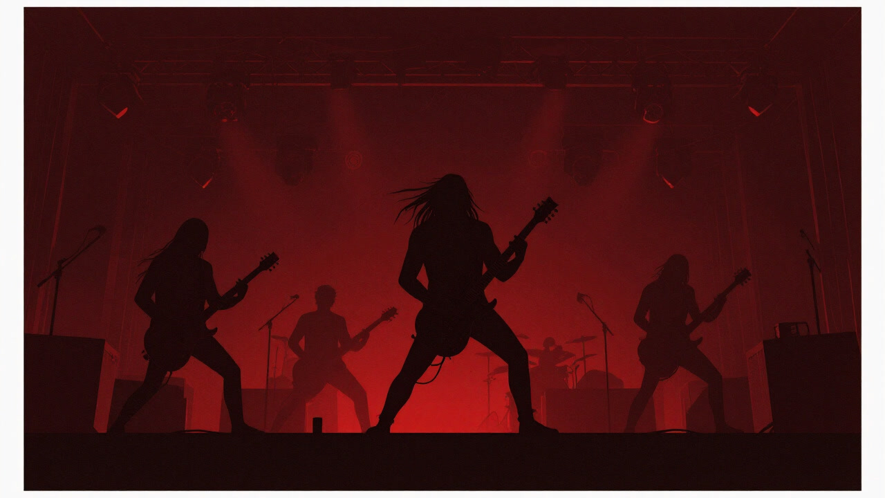 Silhouette of a band headbanging under red lights on stage