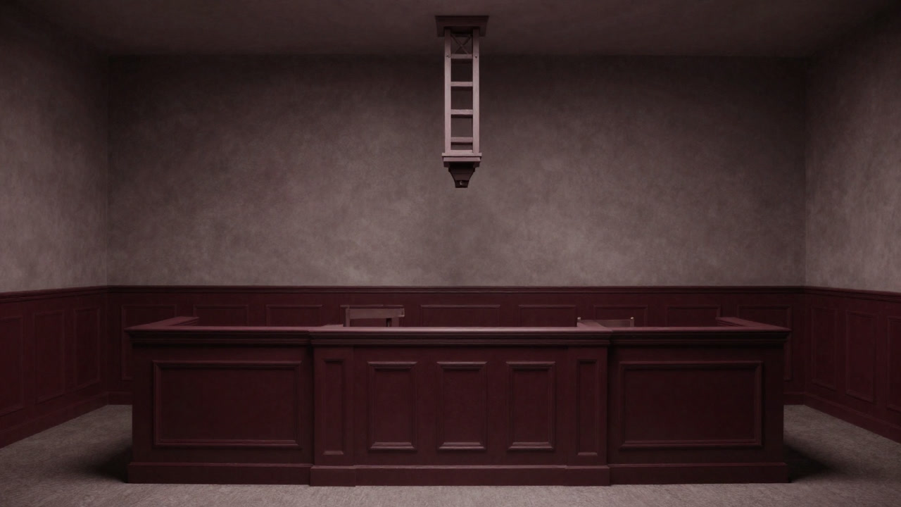 Eyecatch image of a gallows suspended in a courtroom, rendered in a dull monochrome photograph style