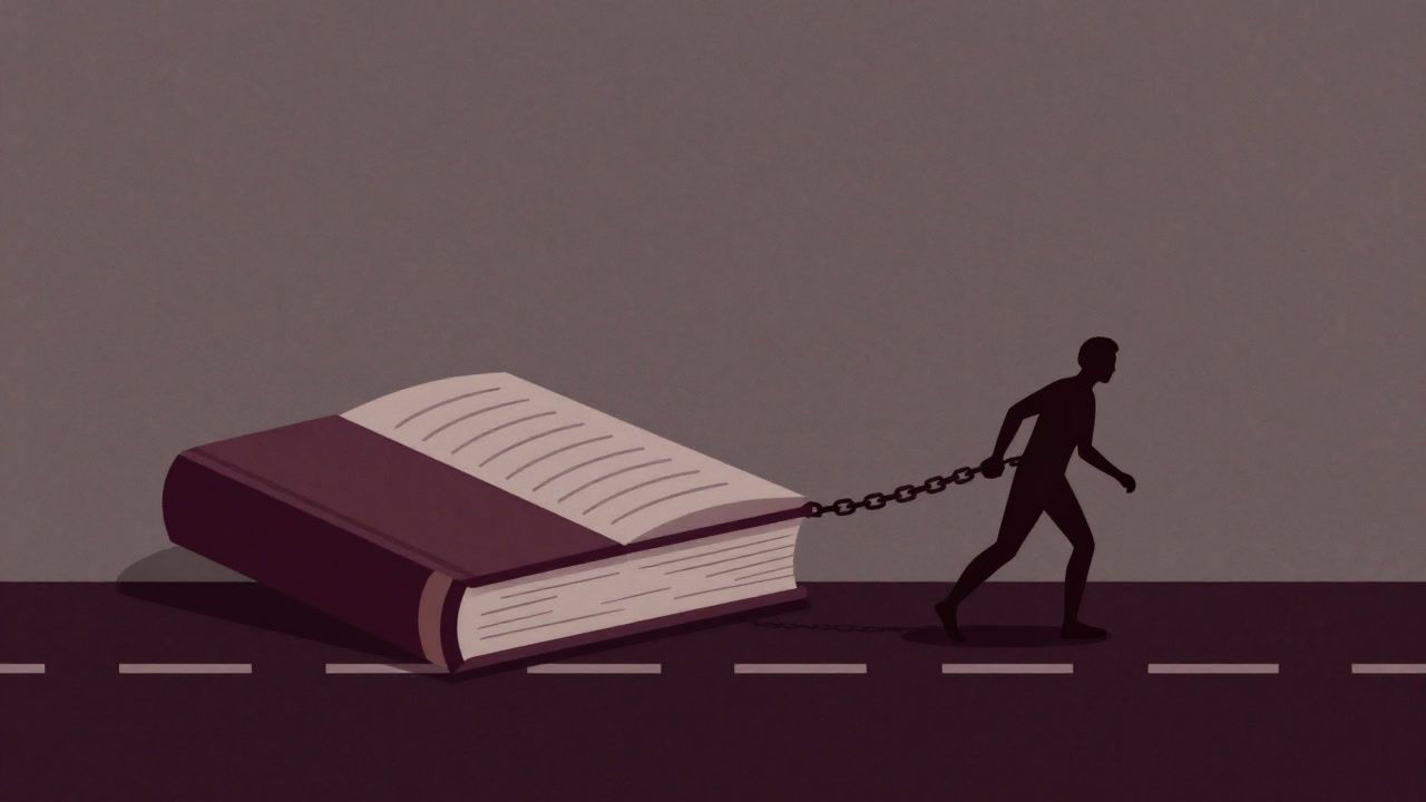 重い鎖に繋がれた巨大な帳簿を引きずる人影のイラスト