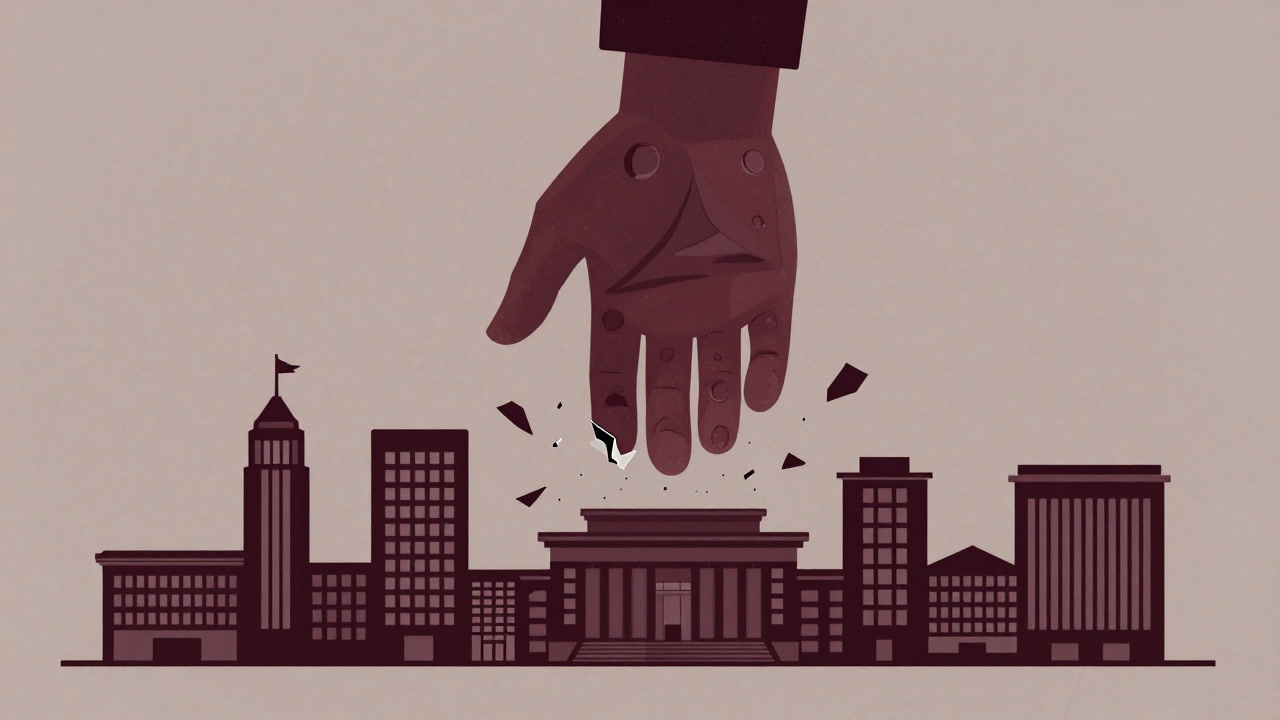 複数の地方政府の建物が中央政府の手から逃れて散り散りになるイメージ