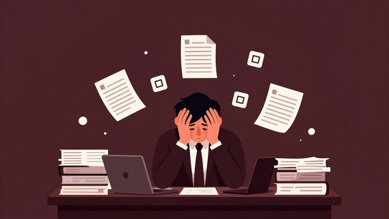 デスクに山積みのチェックリストと無数の選択肢アイコンに囲まれ、頭を抱えるサラリーマンのイラスト
