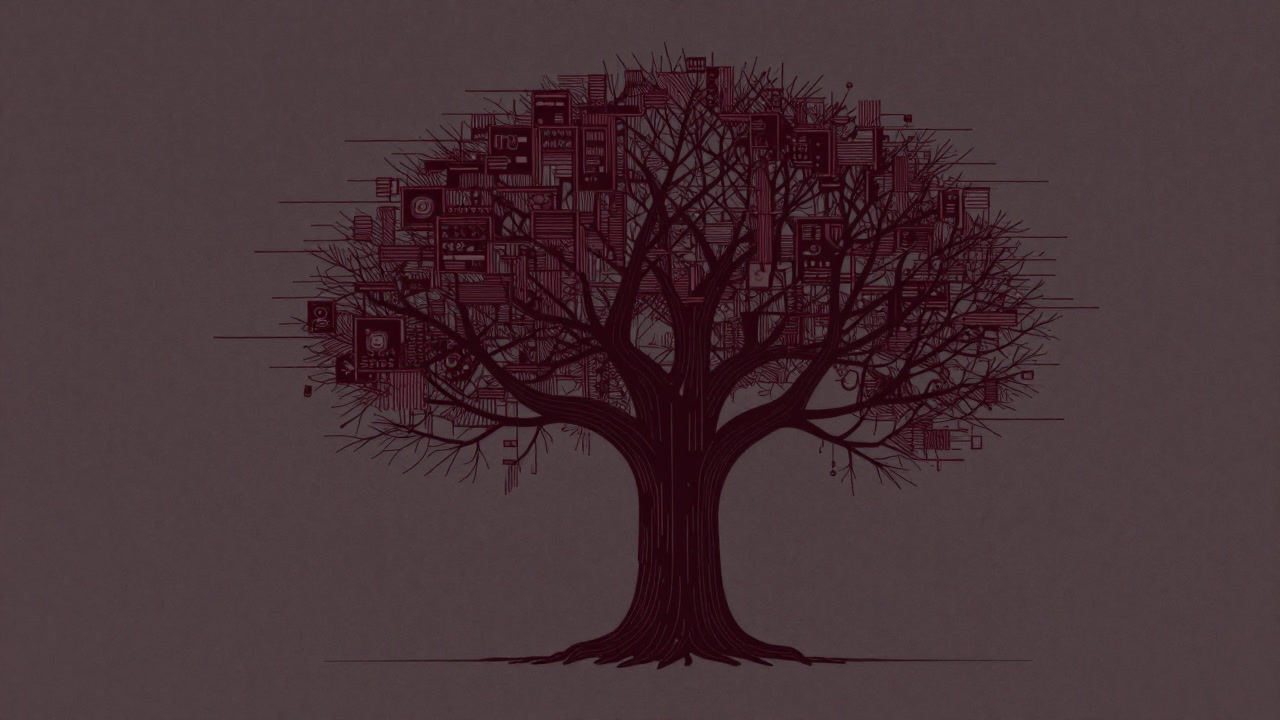 Silhouette of a towering tree structure engulfing data points
