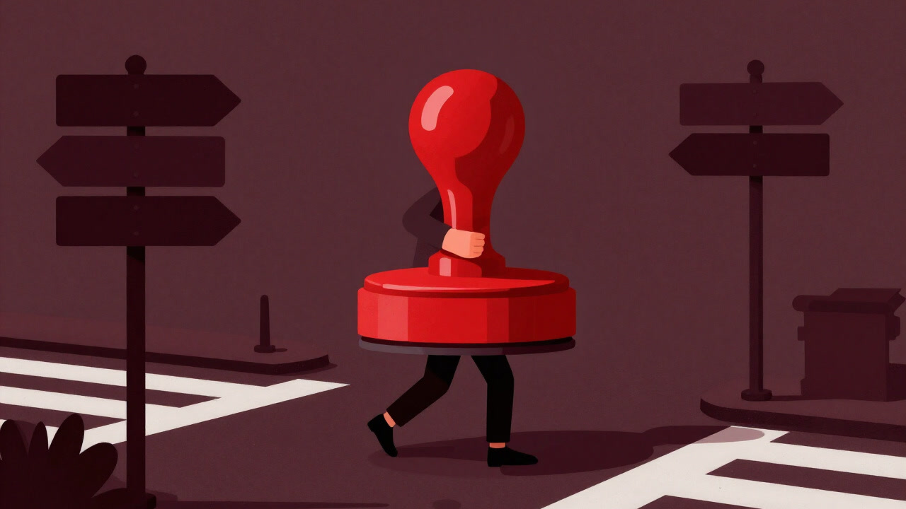 複数の道が示された分岐点で、渋滞する人波の中をスタンプを手にした人物が躊躇なく進むイラスト