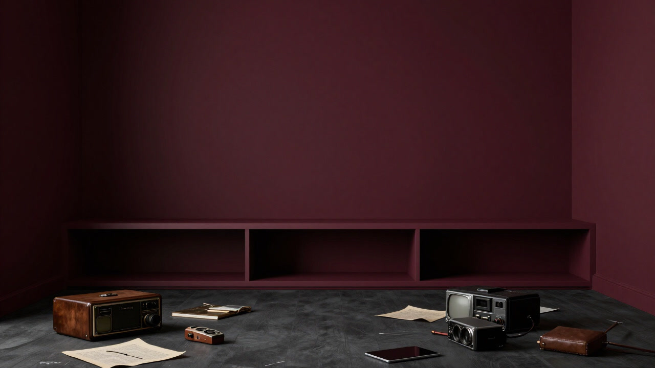 A room photo showing scattered unwanted items on the floor contrasted with an empty shelf.