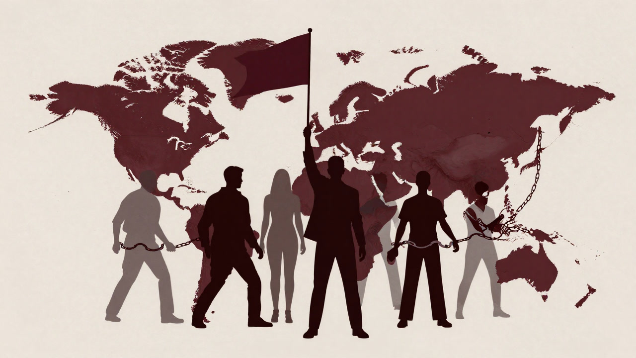 Silhouette of people raising a new flag against a background of intertwined handcuffs and chains on a map