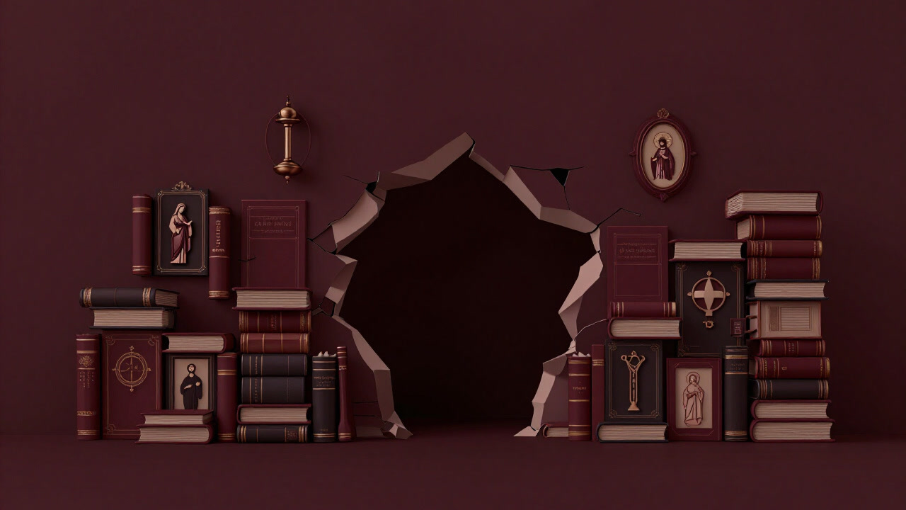 古びた教会の石壁が崩れ、本と宗教的シンボルが裸のまま散乱する様子