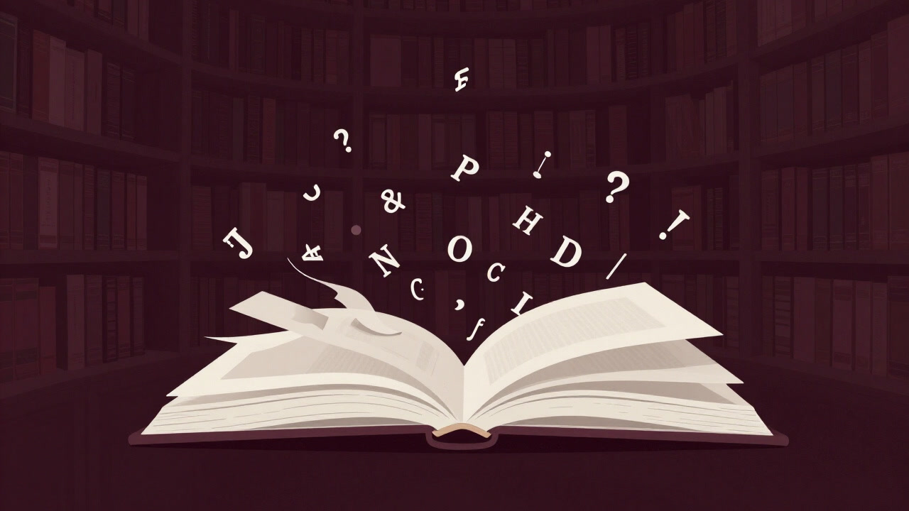 Surreal image of a large book being broken into countless fragments, letters and symbols swirling in a dark library space