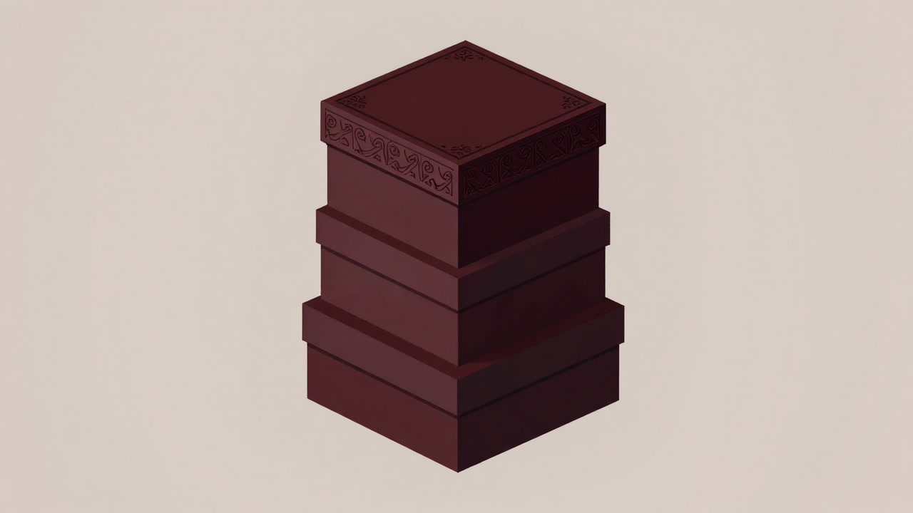 Illustration of an object layered with multiple boxes stacked, only the topmost decorated garishly