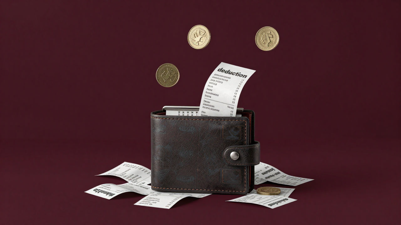 Illustration of a wallet buried under receipts, coins bouncing back