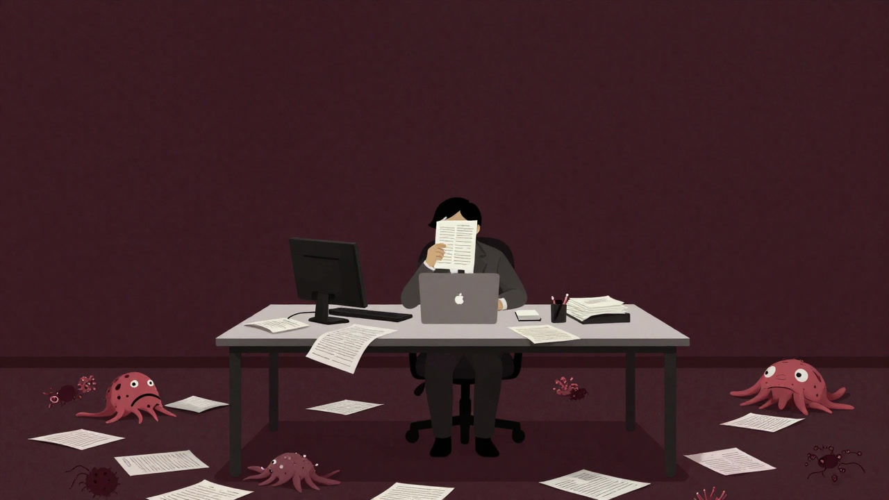 Silhouette of an office worker surrounded by countless slides, peering into documents like exploring the deep sea