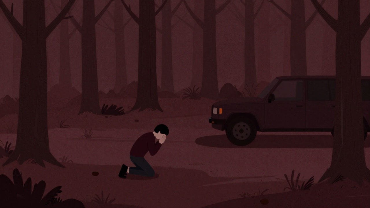 深い森の中で、自らの影に向かって地球への祈りを捧げる人影のシルエット