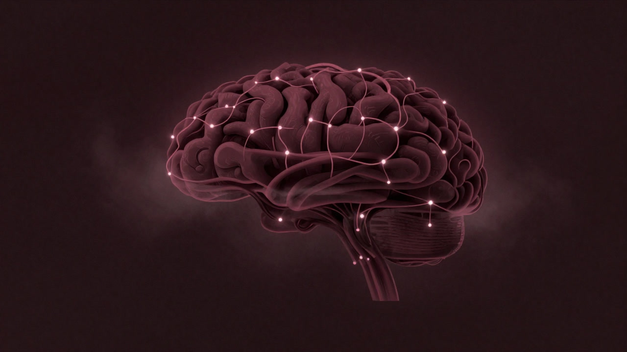 Illustration of a multi-layer neural network floating in darkness, its links glowing faintly in mist