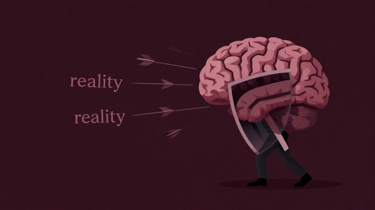 Illustration of a person hiding behind a brain-shaped shield deflecting attacks