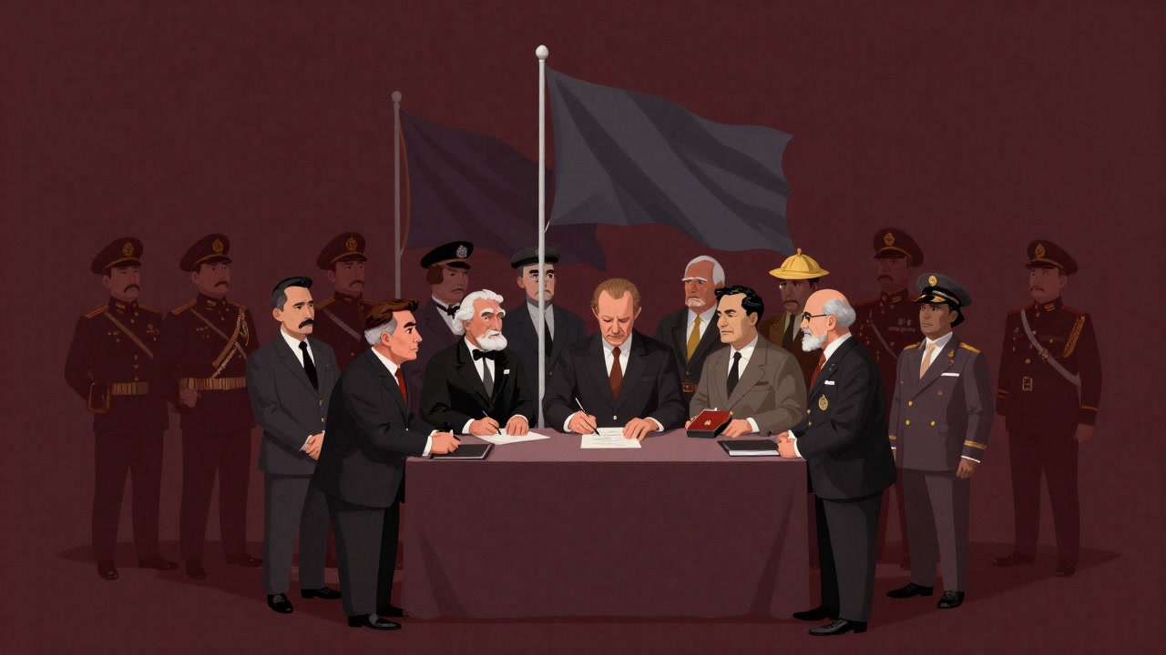 Illustration of multiple national flags lined up, with hands signing a treaty in the center, and a shadow of a worried-looking general in the background.