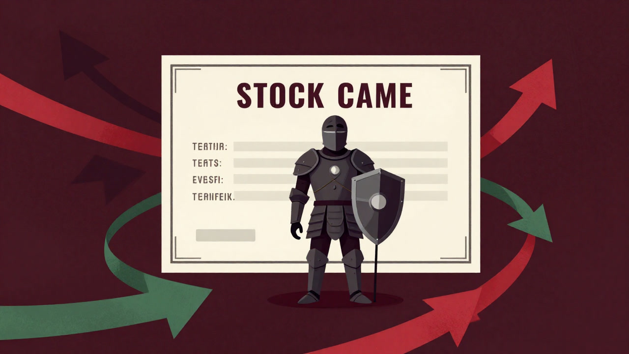 渦巻く赤と緑の矢印の中で盾を掲げる擬人化された株券