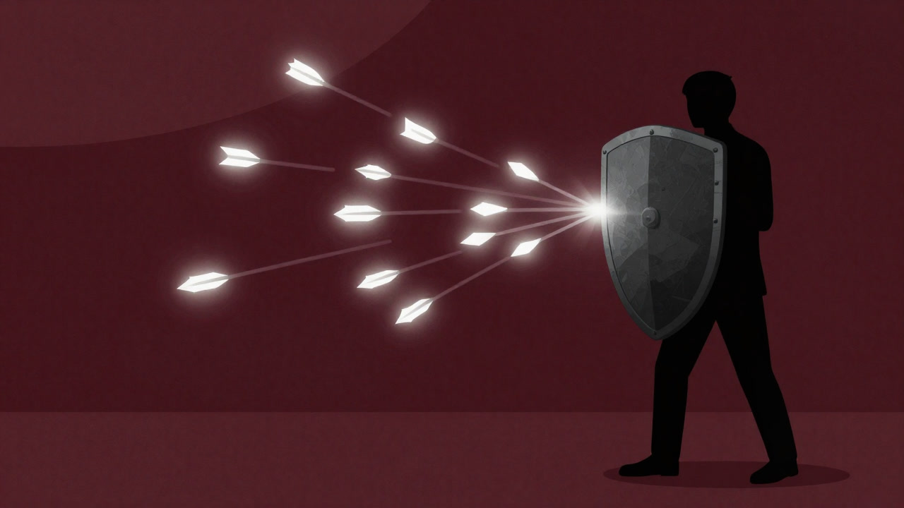 Silhouette of a person raising a shield high to deflect incoming arrows from the outside world.