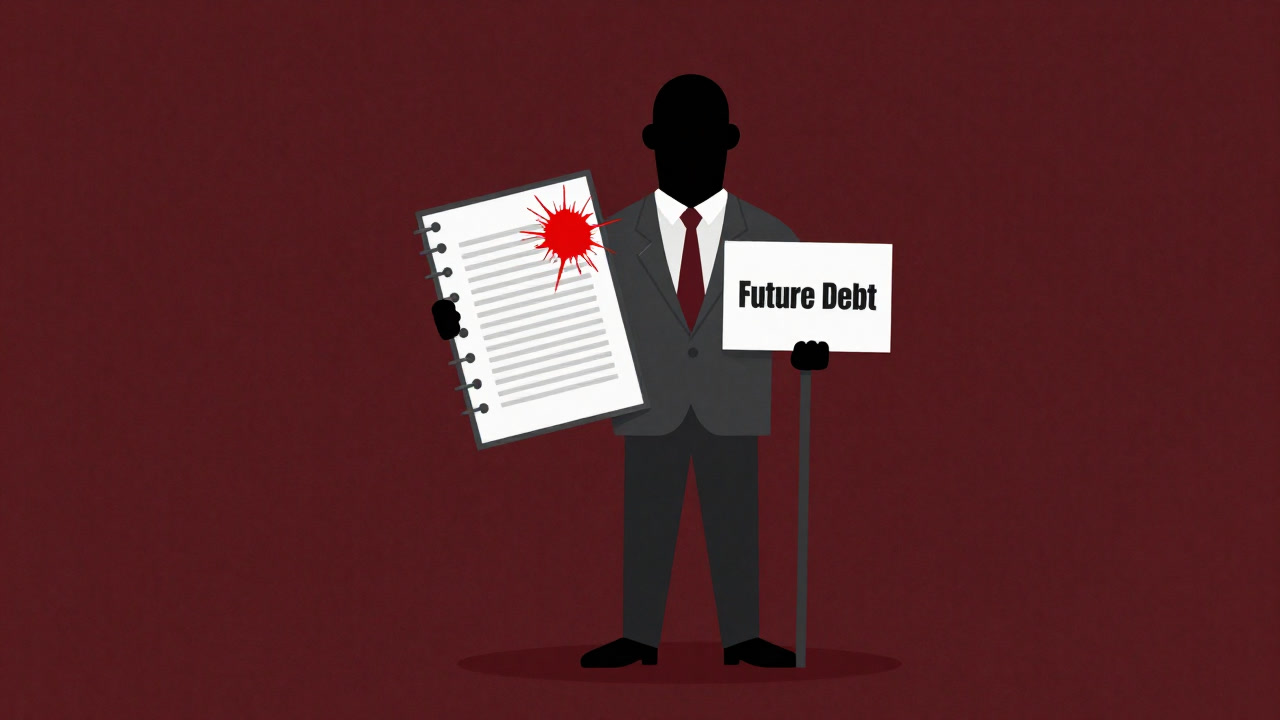 赤いインクが飛び散る国庫の帳簿を背景に、未来へのツケを掲げる政府のイメージ
