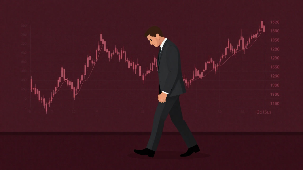 An office worker anxiously pacing surrounded by stock charts