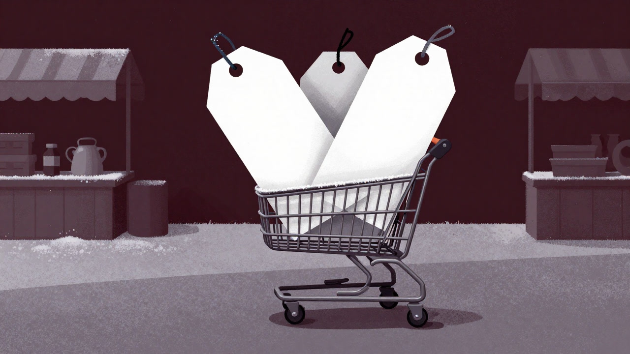 Illustration of a shopping cart shivering while holding frozen price tags