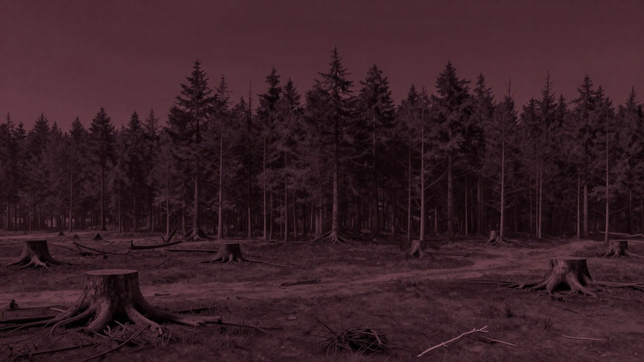 A barren landscape where once stood a thriving forest, the earth stripped bare.
