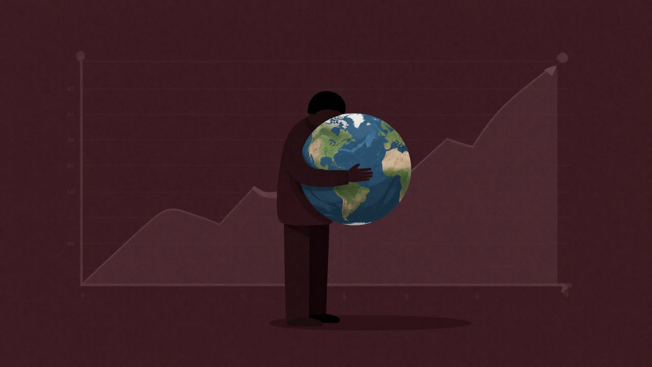 Silhouette of a person hugging a shrinking Earth in front of a fading growth chart