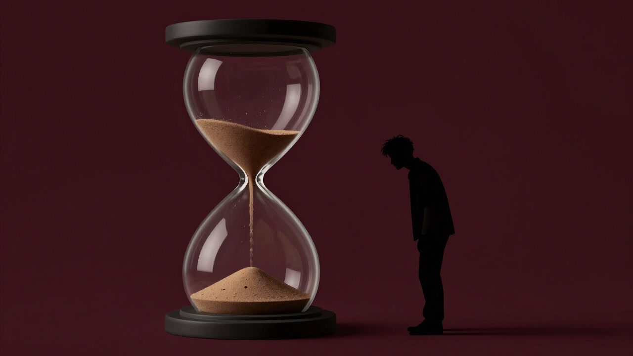 A silhouette of a person anxiously watching sand trickle in an hourglass, evoking the concept of delay.