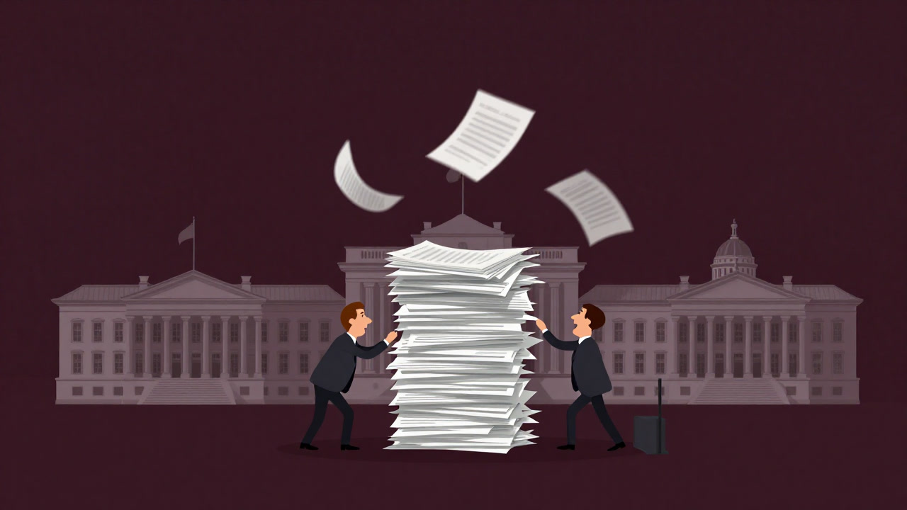 Illustration of documents being tossed between a parliament building and a government ministry