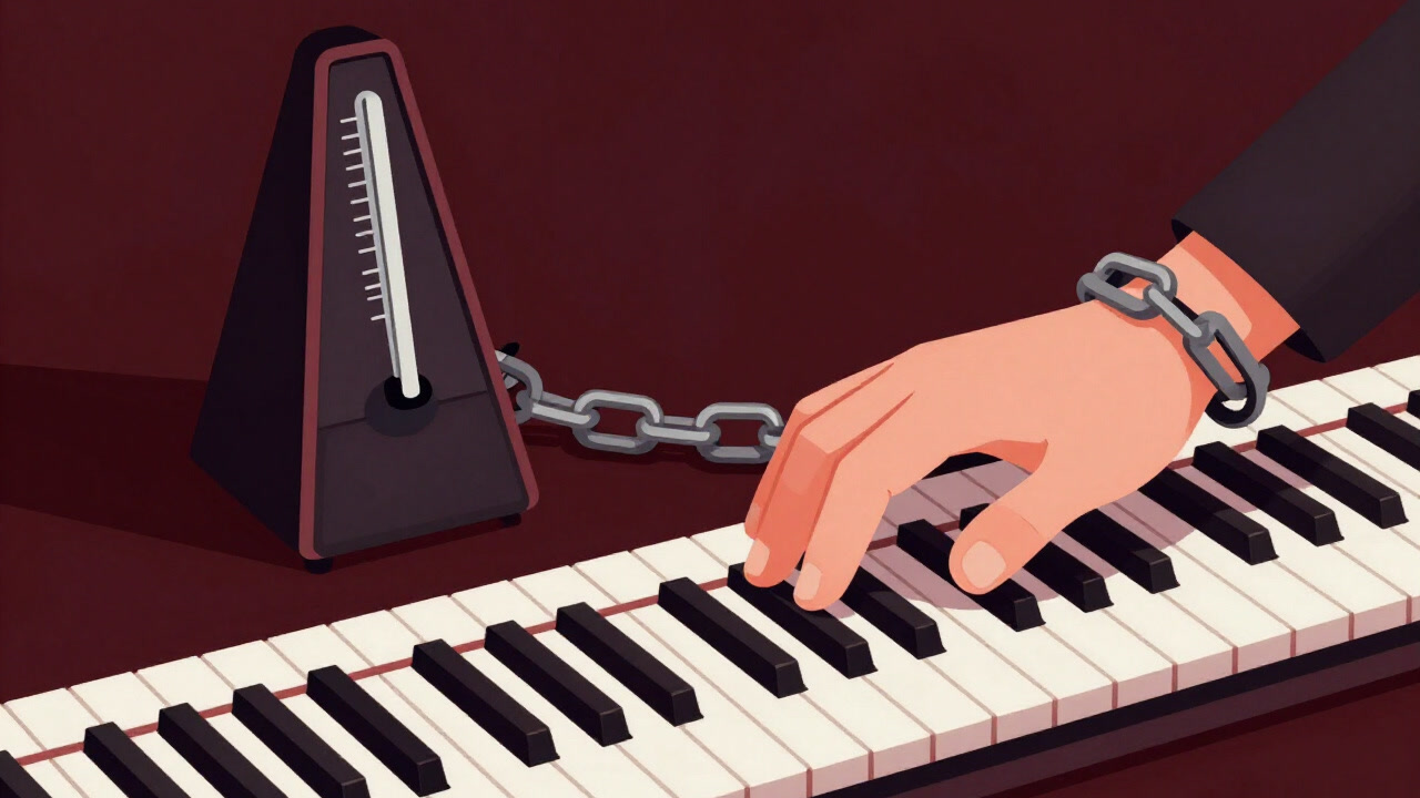 Close-up of a weary hand bound by a metronome, endlessly striking piano keys