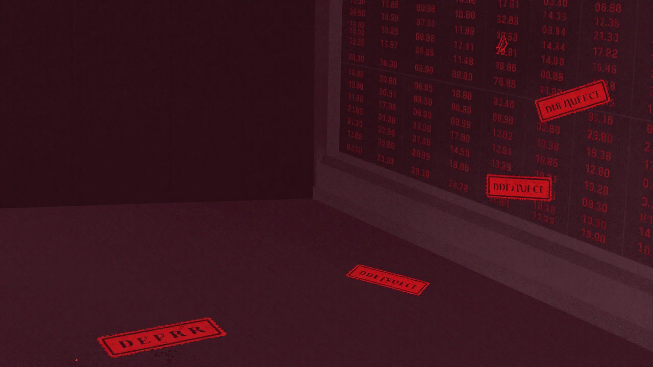 An illustration of a rundown stock exchange floor with a red stamp erasing company names from a stock chart