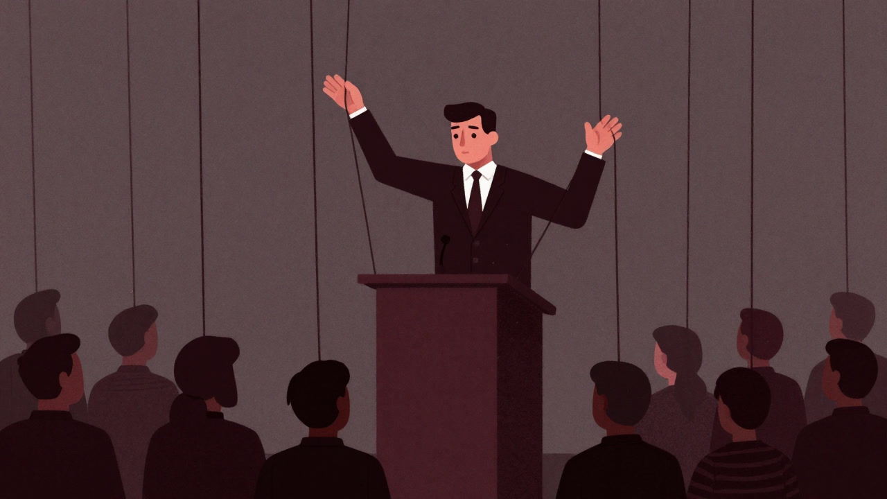 Illustration of a politician at a podium with puppet strings controlling the crowd like marionettes