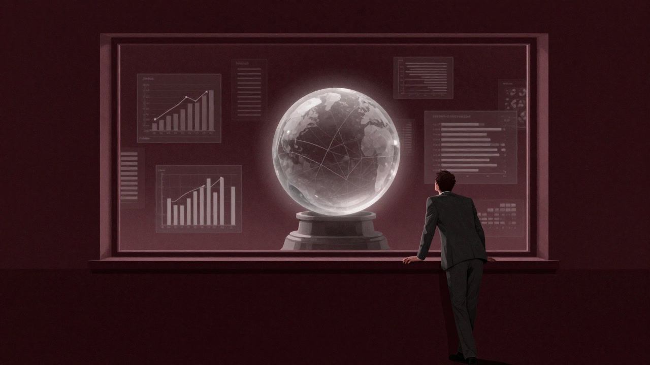 窓から未来を見ようとする企業の姿を背景に、浮遊する統計グラフのオーラの中に透けて見える水晶玉。