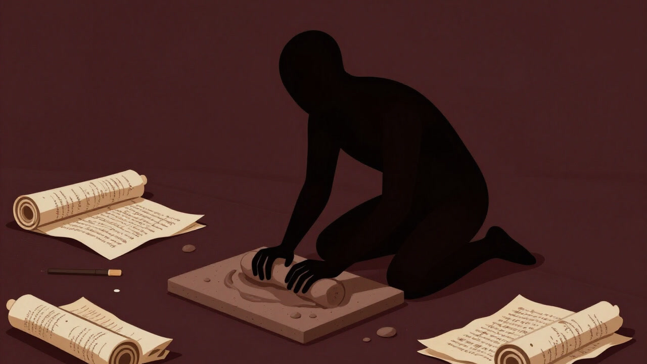 Silhouette of a slightly humanoid deity kneading a clay tablet against an ancient manuscript background