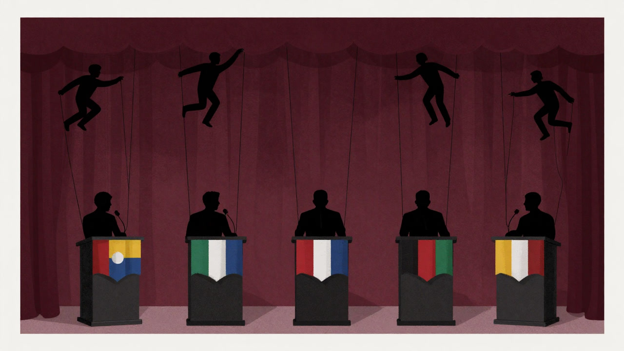 色鮮やかな国旗が舞う中、無表情でマイクの前に立つ人々の影絵